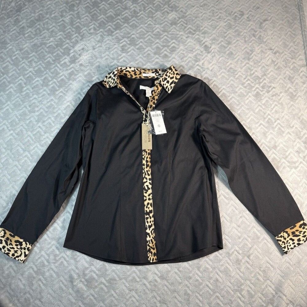 Chico's No Iron‎ Button Up Shirt SZ 0 (Small) Black Long-Sleeve Leopard Trim NWT